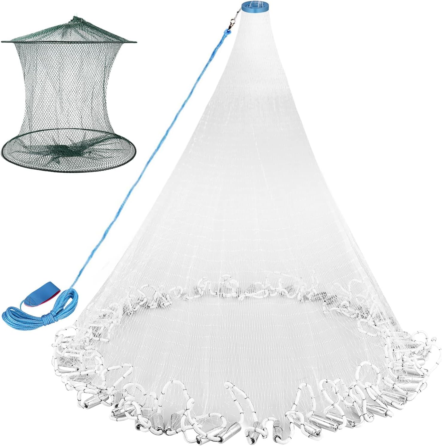 Neween Cast Net for Fishing with Shrimp Cage, American Freshwater Saltwater 3/4/5/6/7/8/9/10Ft Radius Casting Net Bait Trap Fish, Heavy Duty Zinc Sinker, 3/8 Inch Mesh Size