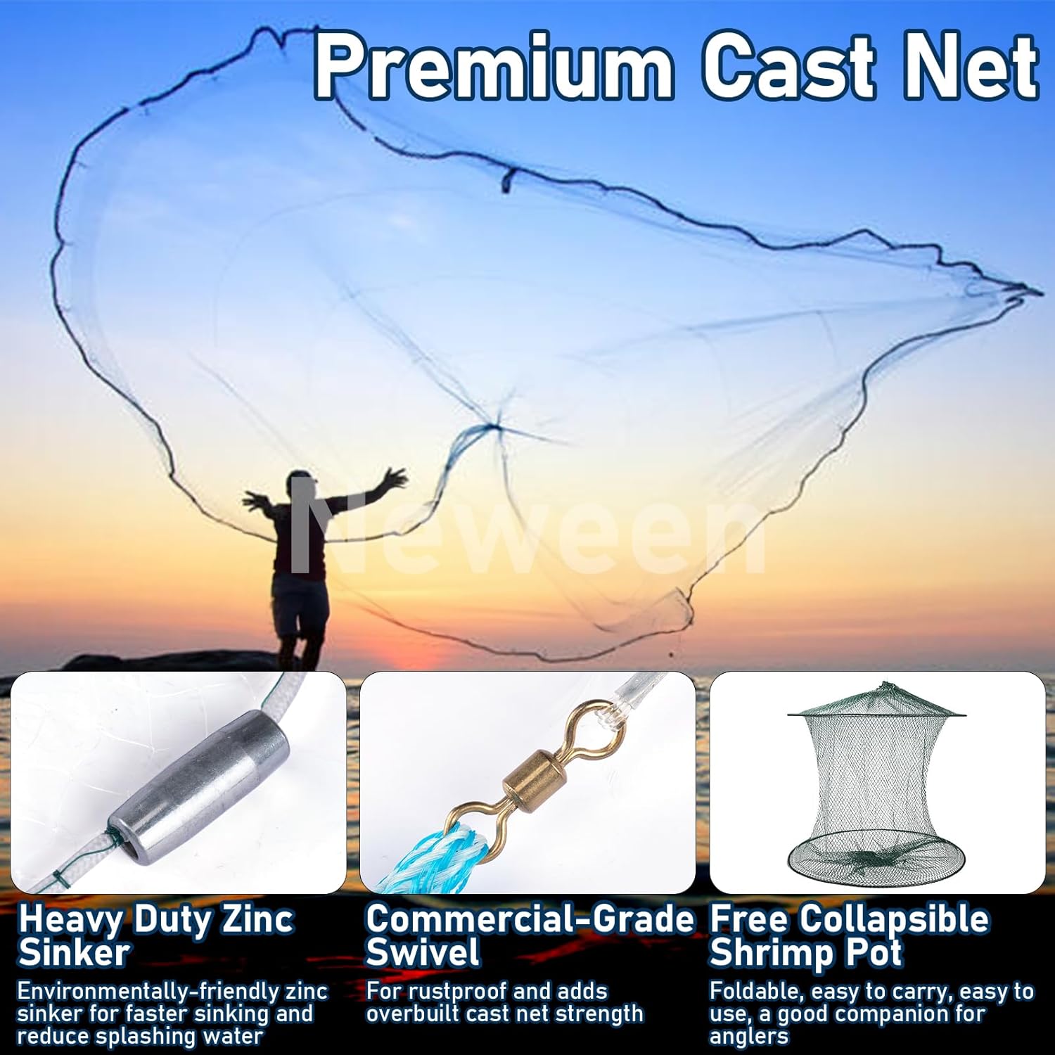 Neween Cast Net for Fishing with Shrimp Cage, American Freshwater Saltwater 3/4/5/6/7/8/9/10Ft Radius Casting Net Bait Trap Fish, Heavy Duty Zinc Sinker, 3/8 Inch Mesh Size - Image 4