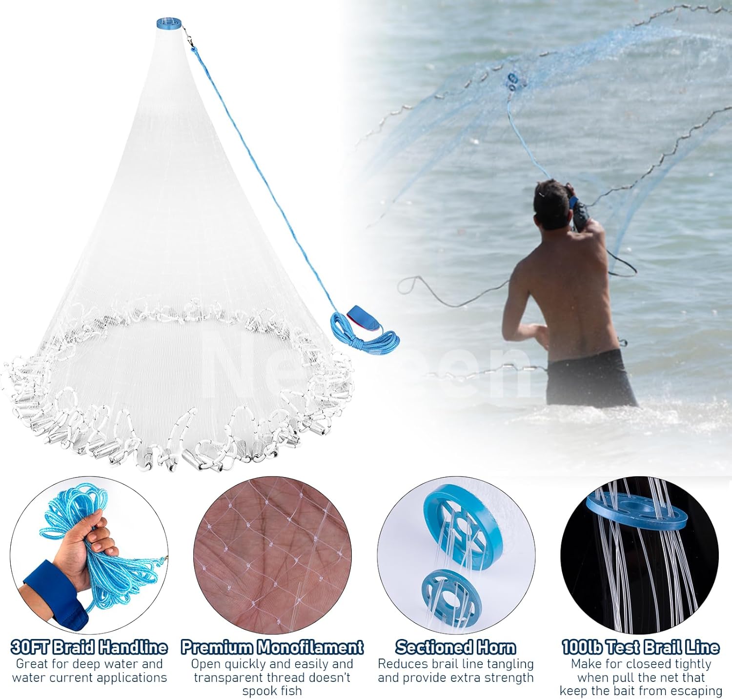 Neween Cast Net for Fishing with Shrimp Cage, American Freshwater Saltwater 3/4/5/6/7/8/9/10Ft Radius Casting Net Bait Trap Fish, Heavy Duty Zinc Sinker, 3/8 Inch Mesh Size - Image 5